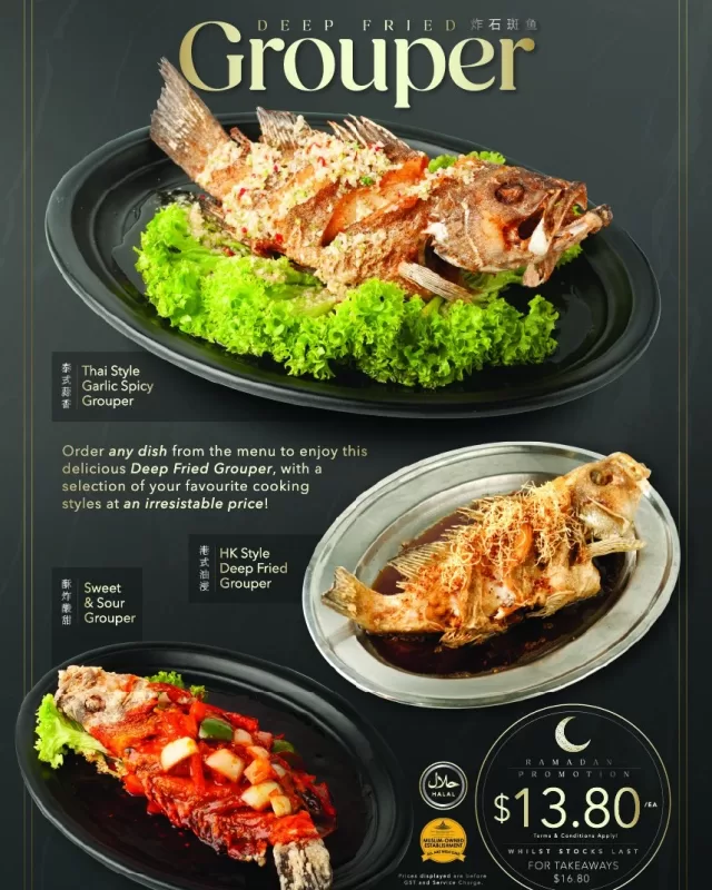 Elevate your Ramadan experience with our special Deep Fried Grouper promotion! Choose your perfect flavor - Thai Garlic Spicy, Hong Kong Style, or Sweet & Sour - each carefully crafted by our chefs for just $13.80. The ideal way to end your day of fasting. T&Cs apply. 

Details: https://p2e.com.sg/v2/2025/02/28/ramadan-promotion/
